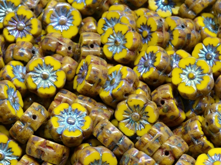 Hawaian Flowers Beads 10 mm, Opaque Yellow Travertine Decorated Full AB, Czech Glass