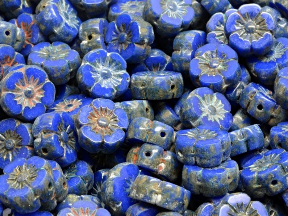 Hawaian Flowers Beads 10 mm, Opaque Blue Travertine, Czech Glass