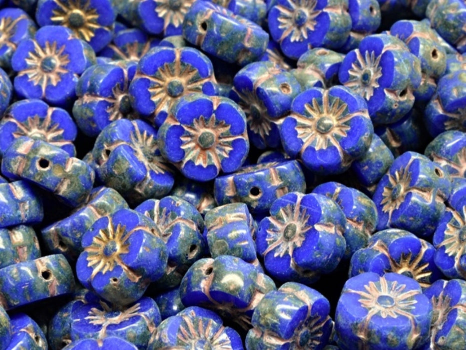 Hawaian Flowers Beads 10 mm, Opaque Blue Travertine with Gold Decor, Czech Glass