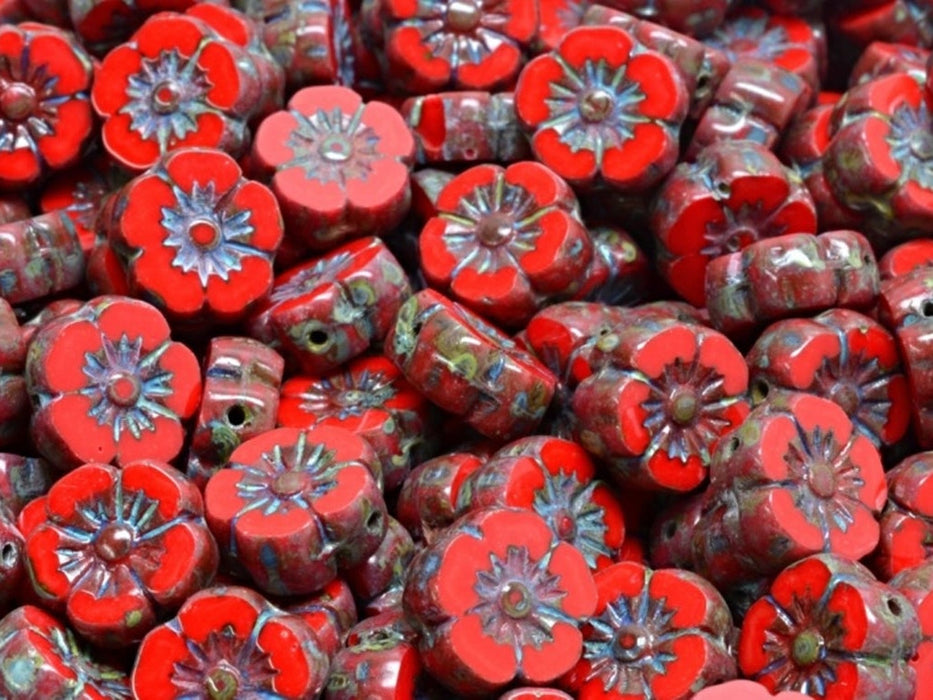 Hawaian Flowers Beads 10 mm, Opaque Coral Red Travertine, Czech Glass