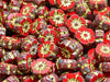 Hawaian Flowers Beads 10 mm, Opaque Coral Red Travertine with Yellow Decor, Czech Glass