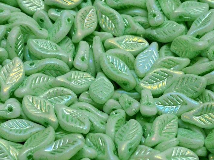 Bay Leaf Beads 6x12 mm, Alabaster Matte Full AB with Green Decor, Czech Glass