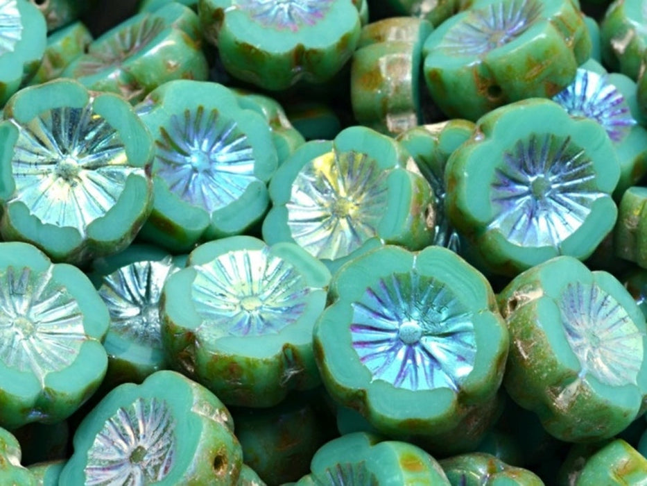 Hawaian Flowers Beads 14 mm, Opaque Turquoise Travertine Decorated AB Full, Czech Glass