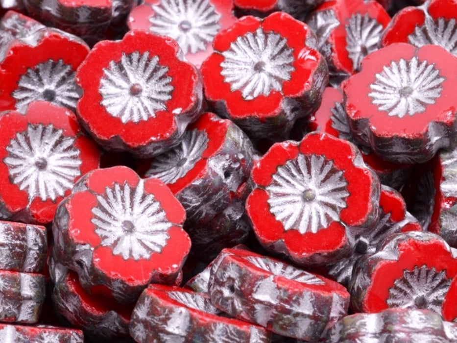 Hawaian Flowers Beads 14 mm, Coral Red Travertine with Silver Decor, Czech Glass