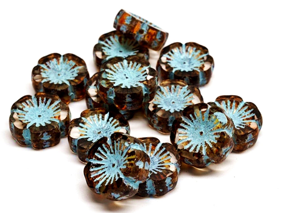 Hawaian Flowers Beads 14 mm, Crystal Travertine with Blue Decor, Czech Glass