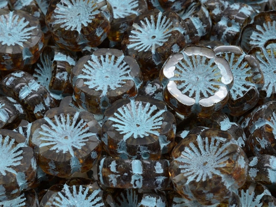Hawaian Flowers Beads 14 mm, Crystal Travertine Metallic Turquoise Decor, Czech Glass
