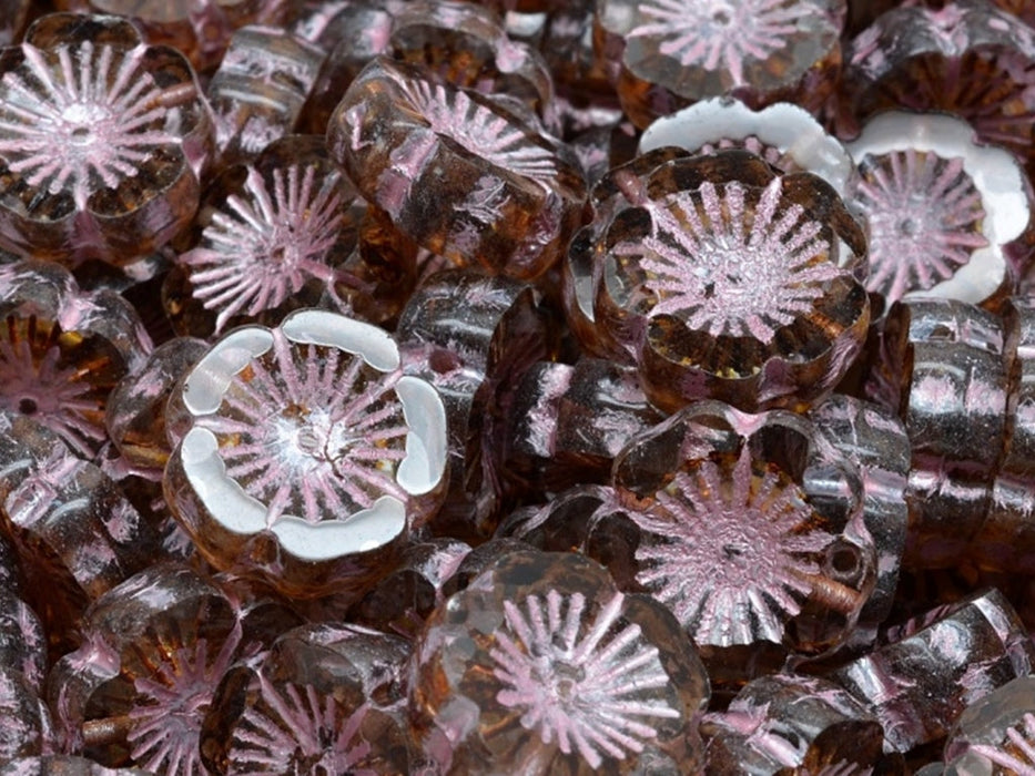 Hawaian Flowers Beads 14 mm, Crystal Travertine with Fuchsia Decor, Czech Glass