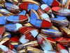 Spindle Ship Beads 16x6 mm, Combi of Shades Blue, Clear and Red Gold Bronze Luster, Czech Glass
