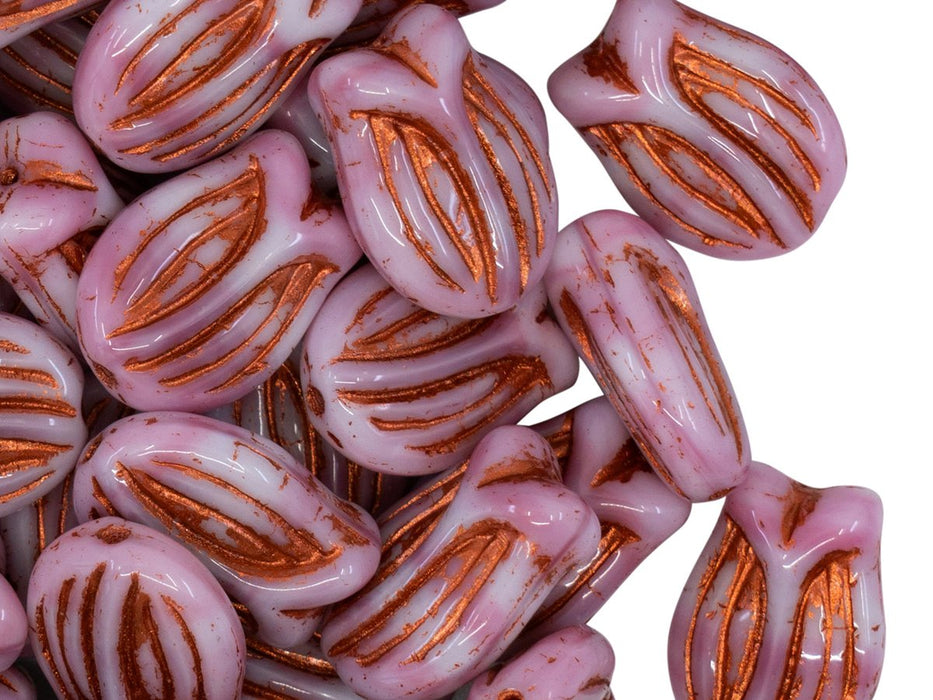 Tulip Bell Beads 16x11 mm, Opaque Pink With Copper Streaks, Czech Glass
