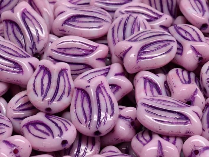 Tulip Bell Beads 16x11 mm, Opaque Pink With Violet Streaks, Czech Glass