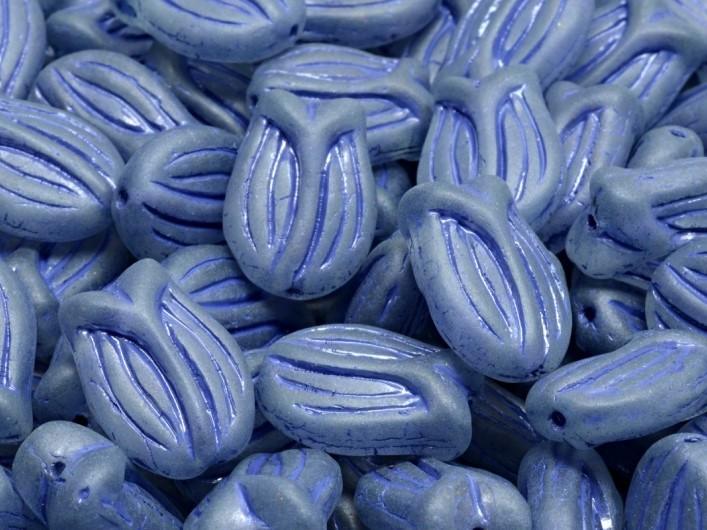 Tulip Bell Beads 16x11 mm, Crystal Blue Matte With Tanzanite Streaks, Czech Glass