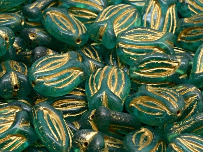 Tulip Bell Beads 16x11 mm, Transparent Green Aquamarine with Golden Streaks, Czech Glass