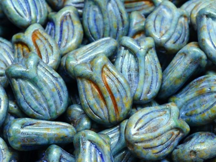 Tulip Bell Beads 16x11 mm, Alabaster Mint Blue/Green Spotted, Czech Glass