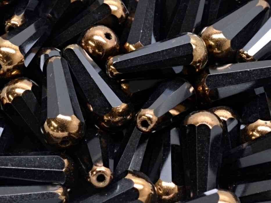Firepolished Drop Beads 20x9 mm, Jet Black With Gold Bronze Edging, Czech Glass
