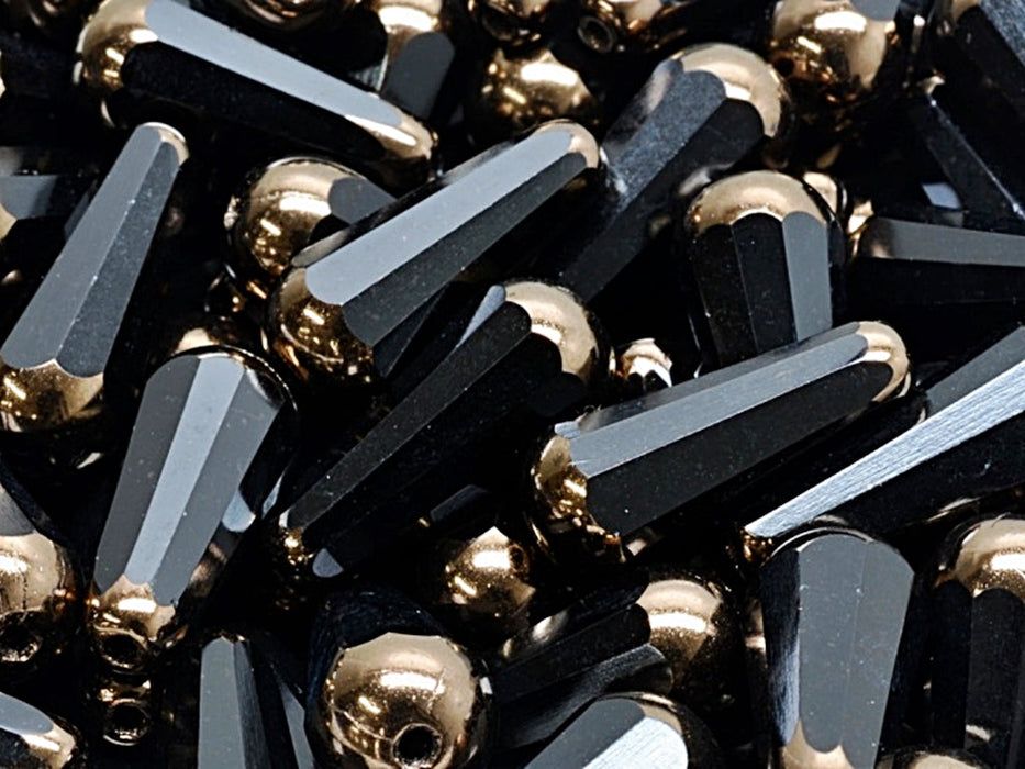 Firepolished Drop Beads 20x9 mm, Jet Black With Travertine Edging, Czech Glass