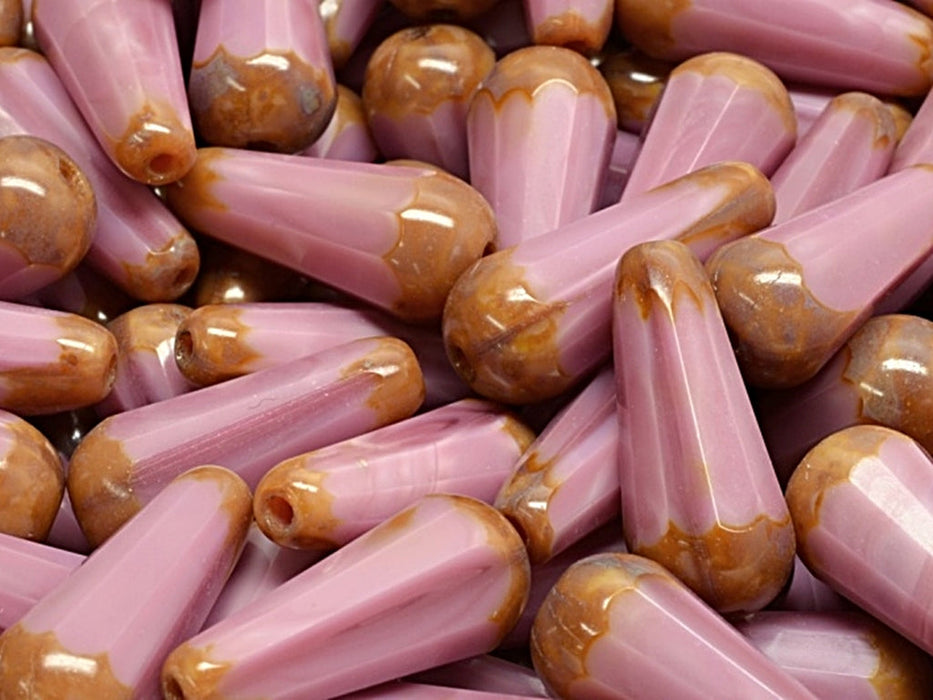 Firepolished Drop Beads 20x9 mm, Pink Opal With Travertine Edging, Czech Glass