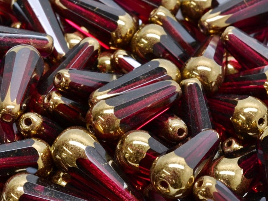 Firepolished Drop Beads 20x9 mm, Fuchsia With Gold Bronze Edging, Czech Glass