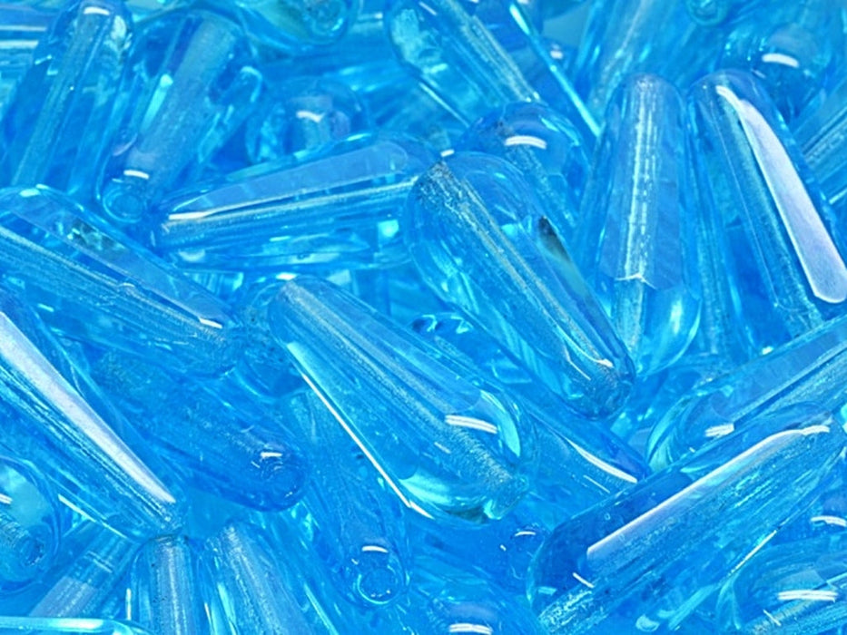 Firepolished Drop Beads 20x9 mm, Aqua Transparent, Czech Glass
