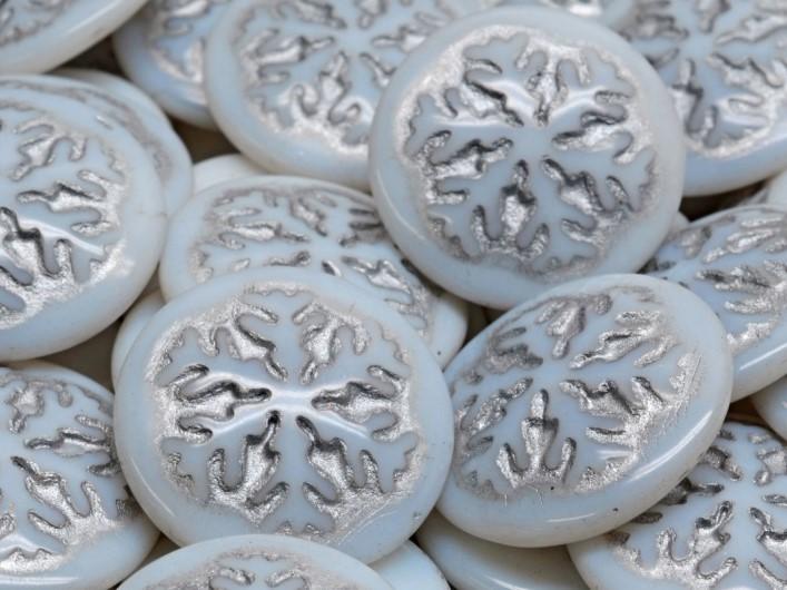 Czech Glass Cabochons 21 mm, White Alabaster with Silver Decor, Czech Glass