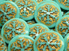 Czech Glass Cabochons 21 mm, Opaque Turquoise with Gold Decor, Czech Glass