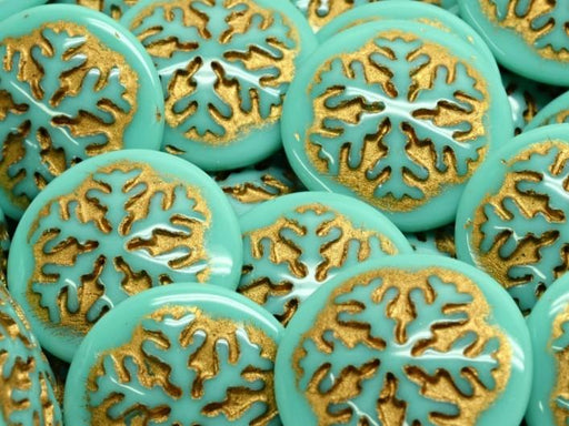 Czech Glass Cabochons 21 mm, Opaque Turquoise with Gold Decor, Czech Glass