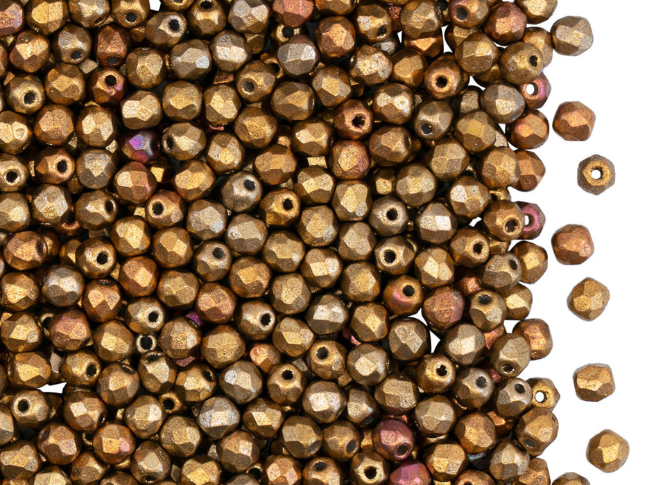 7200 pcs Fire Polished Faceted Beads Round, 3mm, Silky Gold Iris Matte, Czech Glass