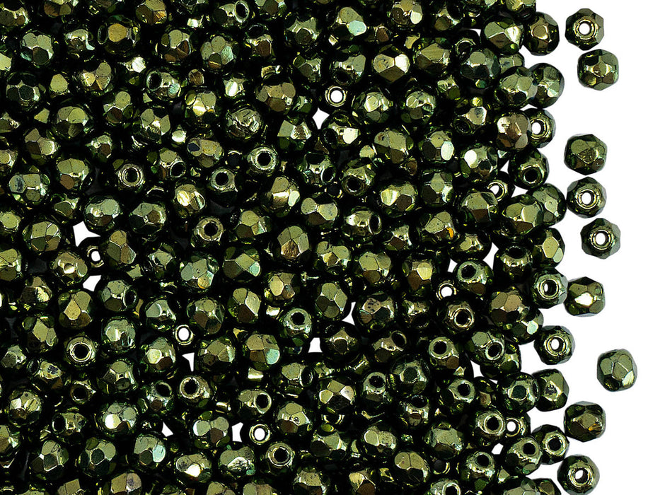 7200 pcs Fire Polished Faceted Beads Round, 3mm, Jet Green Luster, Czech Glass