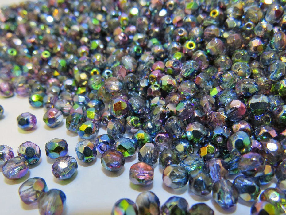 3600 pcs  Fire Polished Faceted Beads Round, 4mm, Magic Blue Pink, Czech Glass
