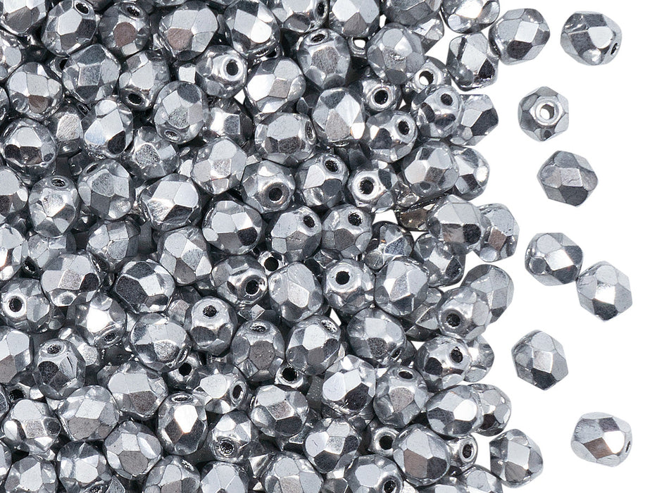 3600 pcs  Fire Polished Faceted Beads Round, 4mm, Crystal Full Labrador (Silver Metallic), Czech Glass