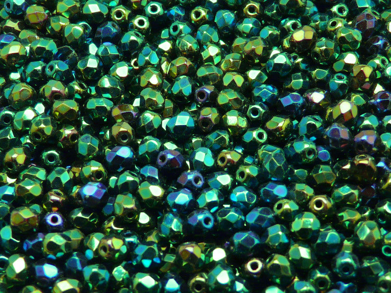 3600 pcs  Fire Polished Faceted Beads Round, 4mm, Jet Green Iris, Czech Glass