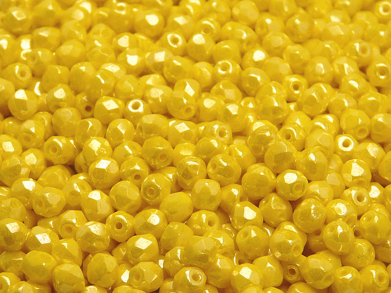 3600 pcs  Fire Polished Faceted Beads Round, 4mm, Lemon Luster (Opaque Yellow Luster), Czech Glass