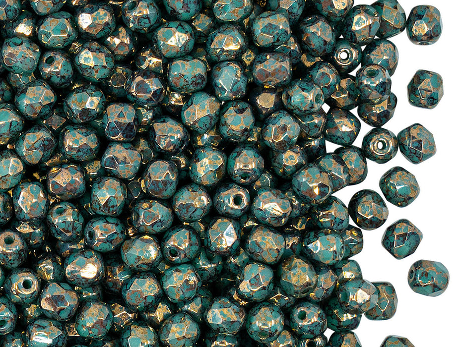 3600 pcs  Fire Polished Faceted Beads Round 4 mm, Opaque Green Turquoise Bronze, Czech Glass