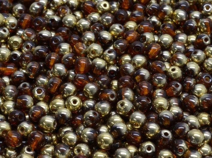 Round Beads 4 mm, Dark Topaz Amber Luster, Czech Glass