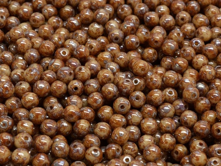 Round Beads 4 mm, Ivory Picasso, Czech Glass