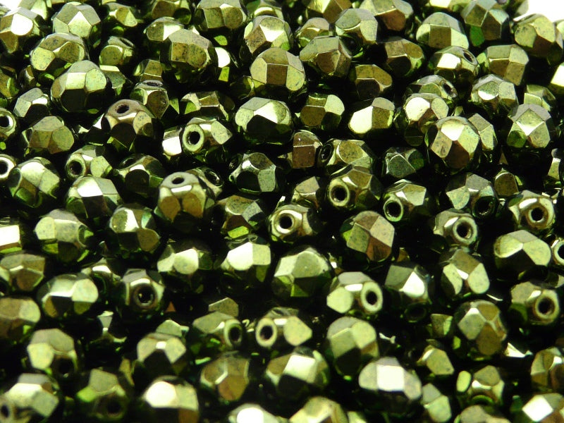 1200 pcs Fire Polished Faceted Beads Round, 6mm, Jet Green Luster, Czech Glass