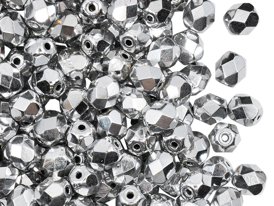 1200 pcs Fire Polished Faceted Beads Round, 6mm, Crystal Full Labrador (Silver Metallic), Czech Glass
