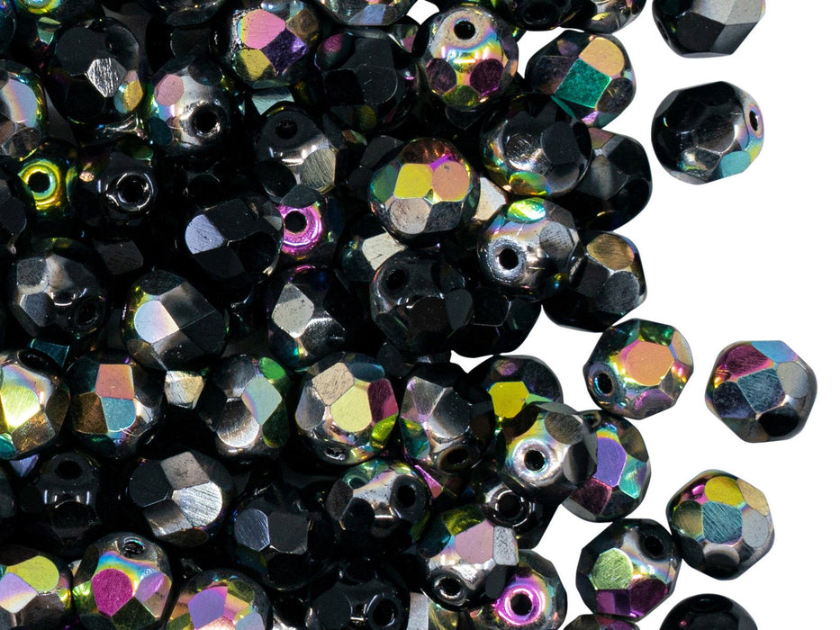 Fire Polished Faceted Beads Round 6 mm, Jet Black Vitrail, Czech Glass