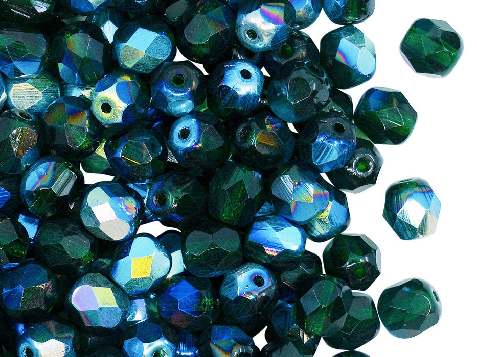 Fire Polished Faceted Beads Round 6 mm, Dark Emerald AB, Czech Glass