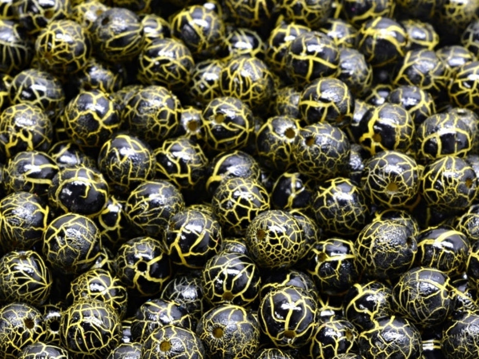 Round Beads 6 mm, Chalk White Black Yellow Veins, Czech Glass