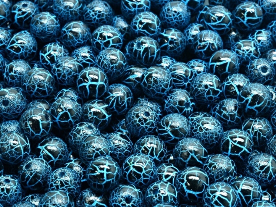 Round Beads 6 mm, Chalk White Black Blue Veins, Czech Glass