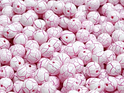 Round Beads 6 mm, Chalk White White Pink Veins, Czech Glass