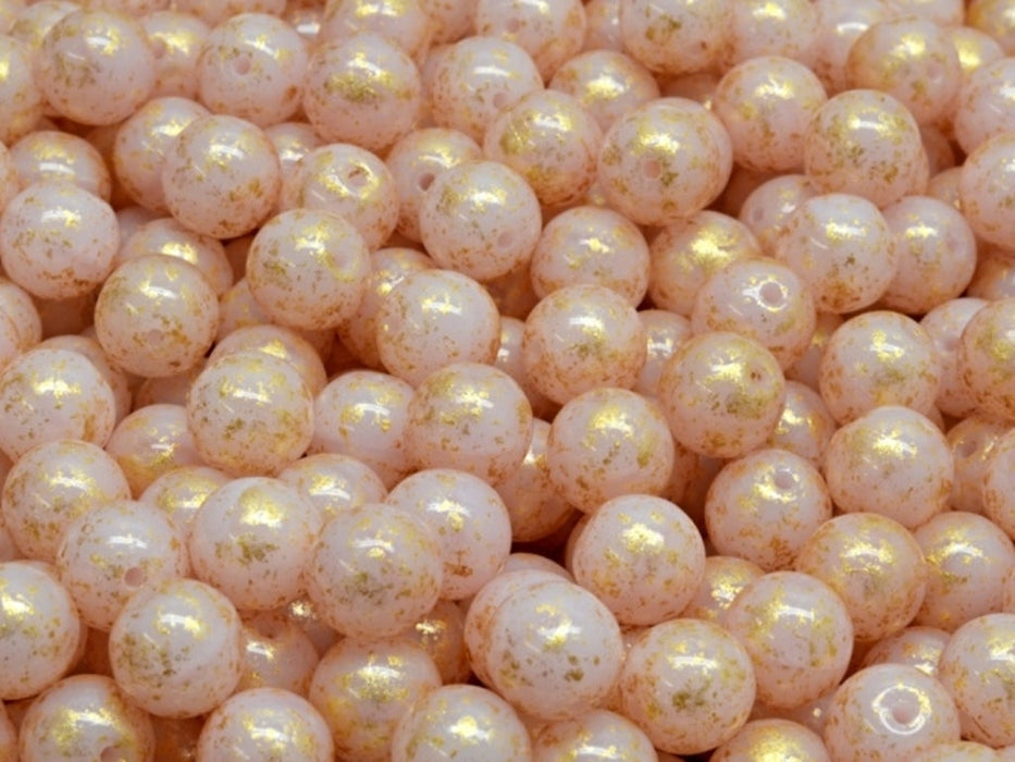 Round Beads 6 mm, Light Rose Opal Gold Splash, Czech Glass