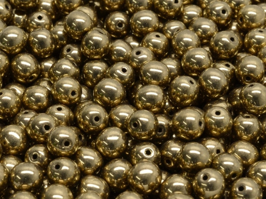 Round Beads 6 mm, Jet Black Gold Luster, Czech Glass