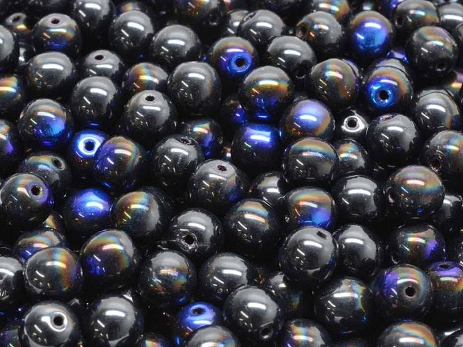 Round Beads 6 mm, Jet Black Half Azuro, Czech Glass