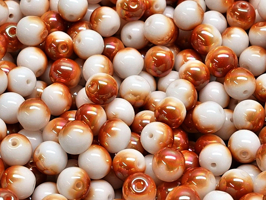 Round Beads 6 mm, Alabaster Half Apricot Medium, Czech Glass