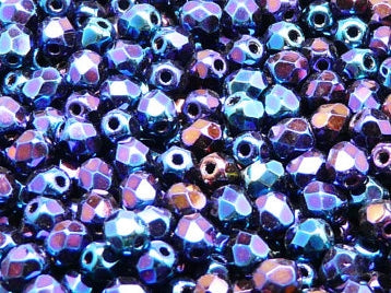 1200 pcs Fire Polished Faceted Beads Round, 6mm, Jet Blue Iris, Czech Glass