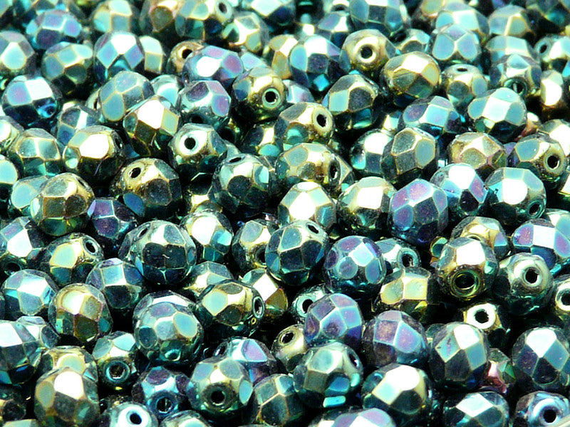 1200 pcs Fire Polished Faceted Beads Round, 6mm, Jet Green Iris, Czech Glass