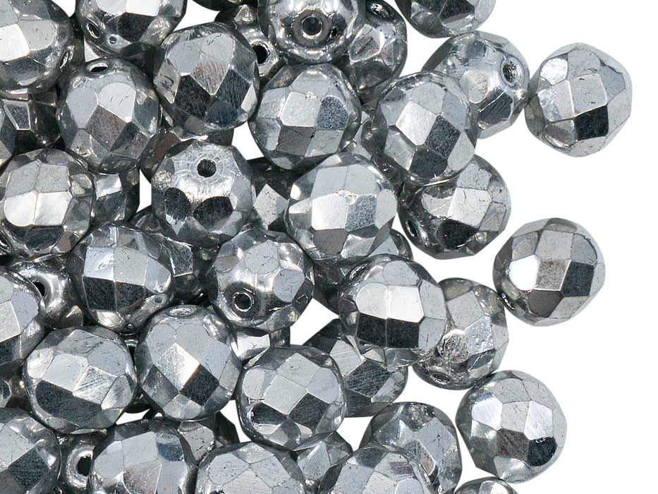 480 pcs Fire Polished Faceted Beads Round, 8mm, Crystal Full Labrador (Silver Metallic), Czech Glass