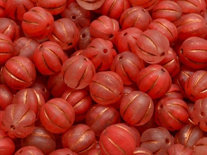 Melon Beads 8 mm, Crystal Red Two Tone Matte with Copper Decor, Czech Glass