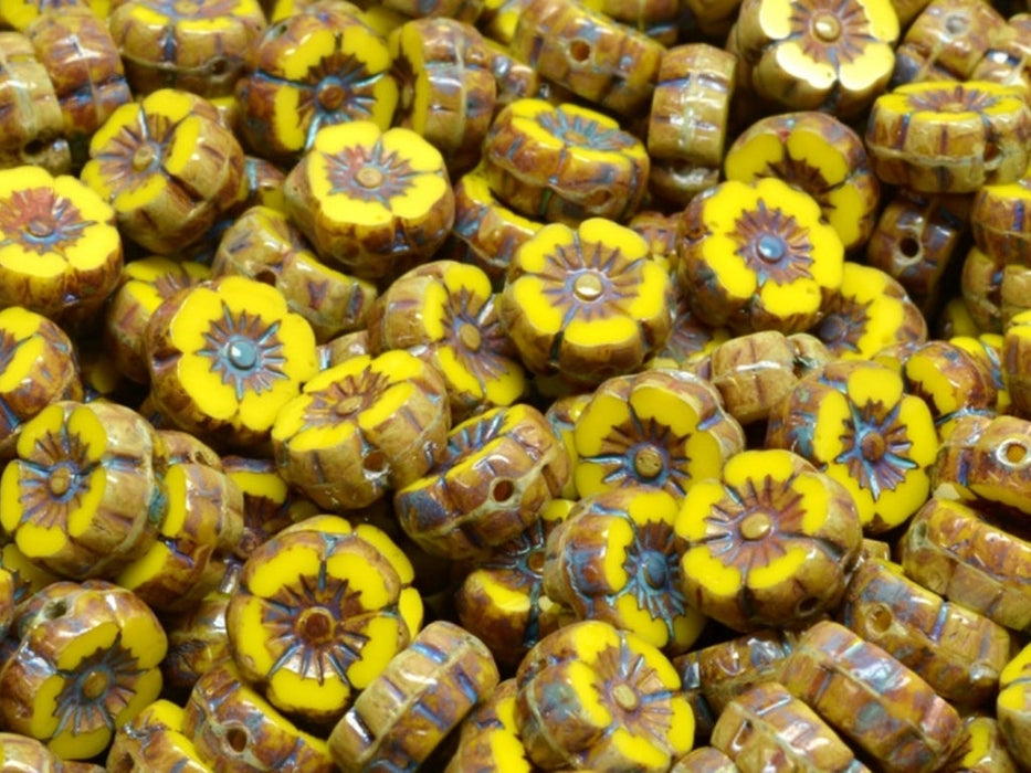Hawaian Flowers Beads 8 mm, Opaque Yellow Travertine, Czech Glass